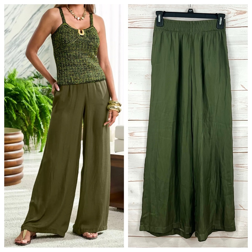 Boston Proper Boho Malibu Flowy Wide Leg Palazzo Pants Olive Moss Green